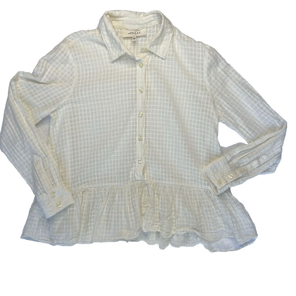 THE GREAT. The Ruffle Oxford Top Beige Dobby Dot‎ Cotton Peplum Blouse Size 0